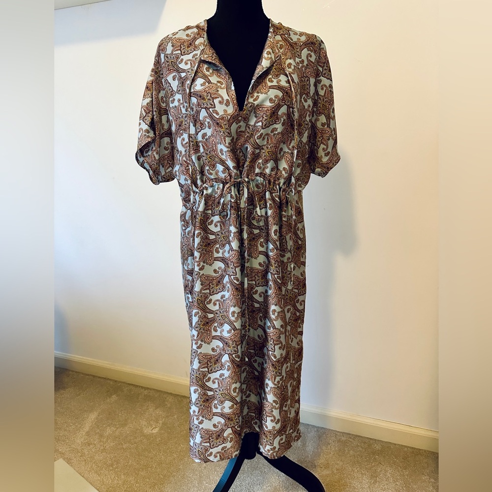 MANGO paisley satin midi dress with drawstring waist style.